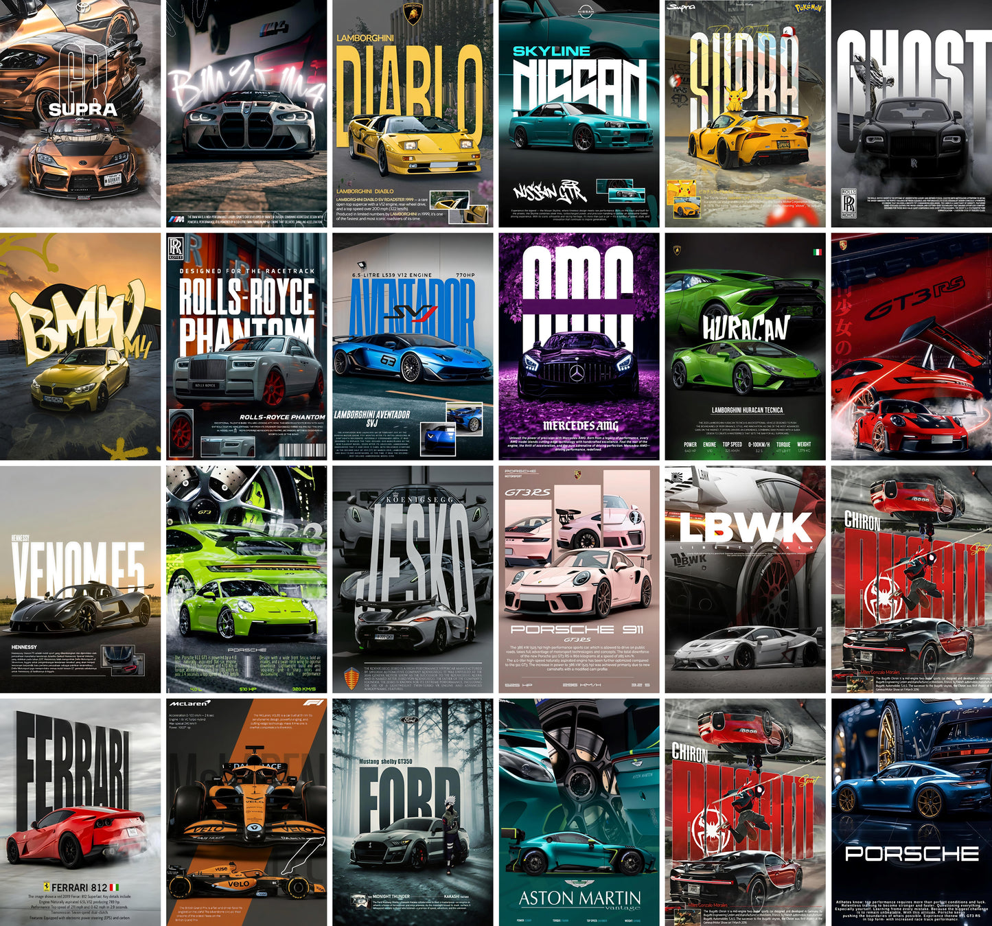 Aesthetic Supercar Wall Collage Kit || 24pcs (A6 Size) Car Posters for Room Decoration | 003
