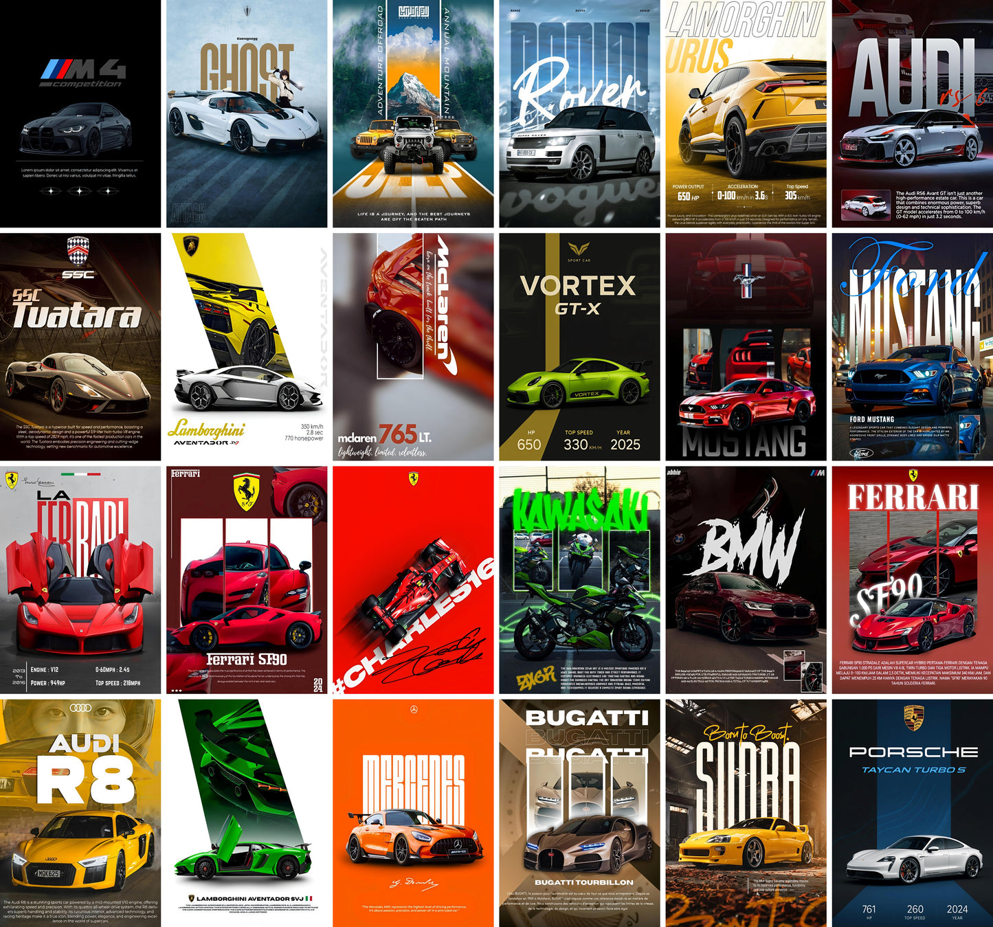 Aesthetic Supercar Wall Collage Kit || 24pcs (A6 Size) Car Posters for Room Decoration | 007
